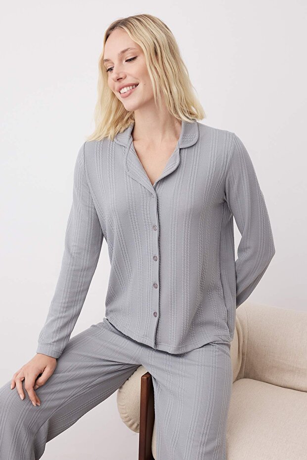 Füme Dokulu Fitilli Yumuşak Tuşe Örme Pijama Takımı THMAW26PT00093 - 2