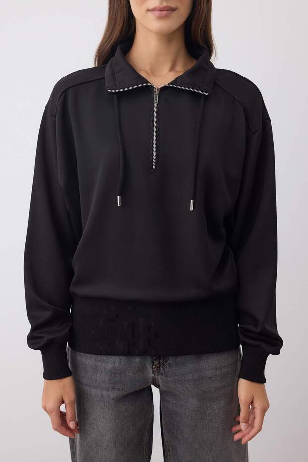 Siyah Fermuar Detaylı Oversize/Geniş Kalıp Esnek Örme Sweatshirt TWOAW26SW00080 - 3