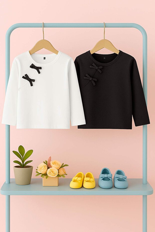 Siyah-Ekru 100% Pamuk 2'li Düz Bisiklet Yaka Regular Kız Çocuk Örme T-Shirt TKDAW26TS00013 - 2