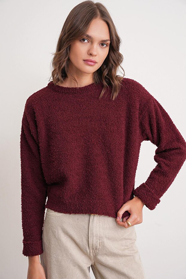 6917 Kadın Buklet Basic Triko Kazak Bordo - 2