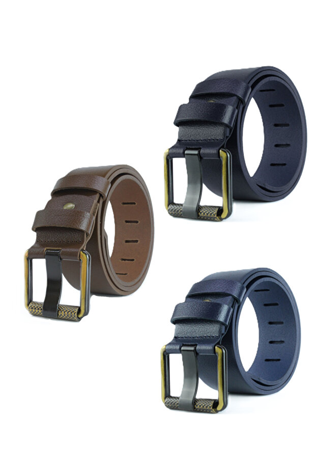 3-Piece Men's 100% Genuine Leather Yellow Tubular 4.5 cm Jeans Belt