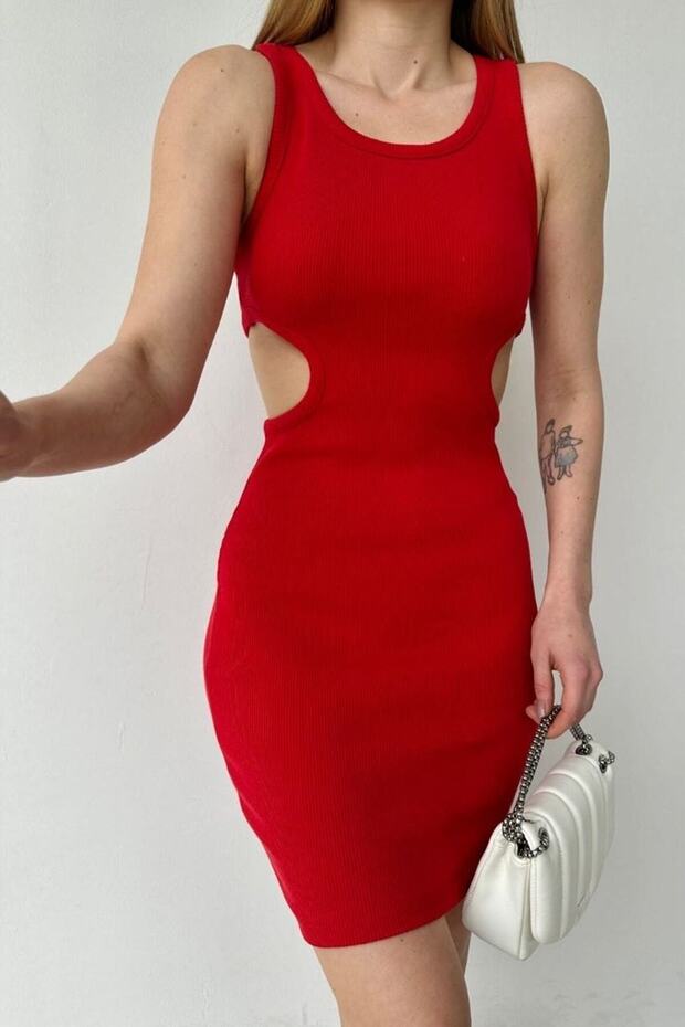 Red Flexible Camisole Fabric Low-cut Detailed Strappy Mini Dress 582042