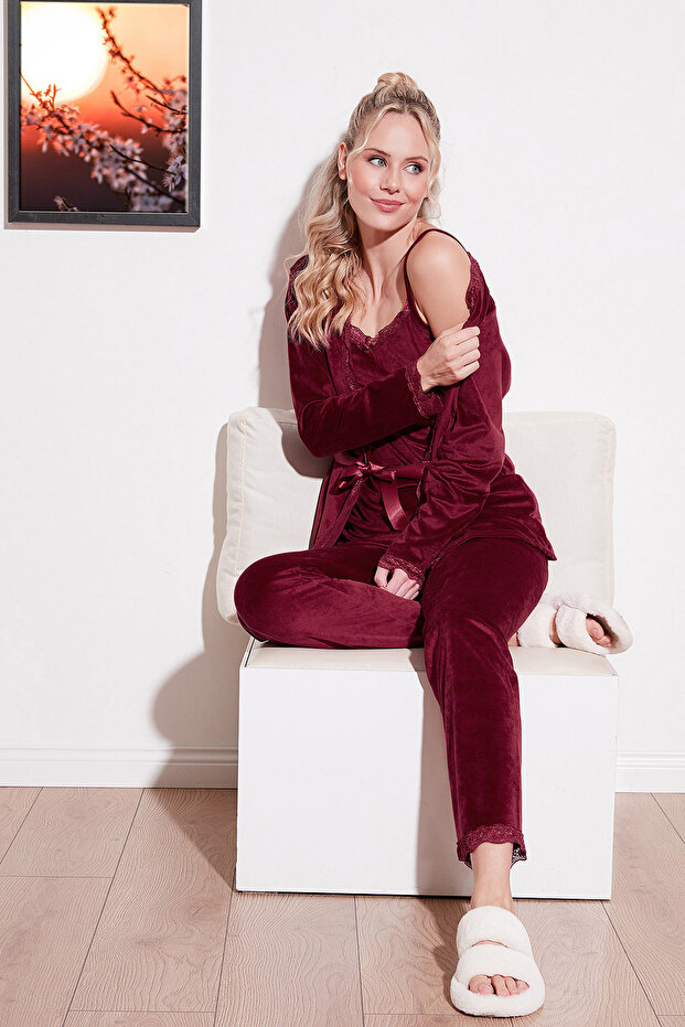 Normál szabású, csipkés, puha textúrájú hálóruha, bársony pizsama szett PJ SZETT 6095545 - 1