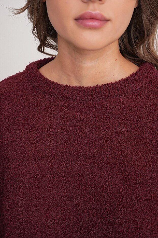 6917 Kadın Buklet Basic Triko Kazak Bordo - 5