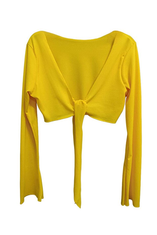 Women's Long Sleeve Bustier Tie Back Off the Bust Spanish Sleeve Style Yellow Crop Blouse
