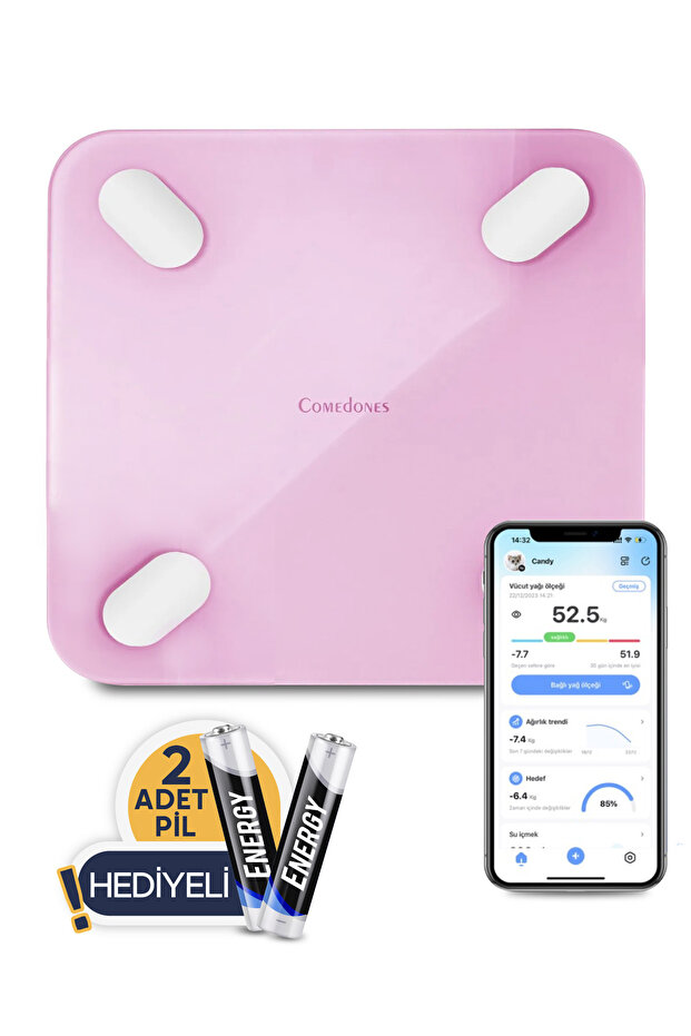 comedones Yağ Ölçer Fonksiyonlu Baskül Akıllı Bluetooth Tartı - Uygulama Ile Kontrol ( 30x30 cm )