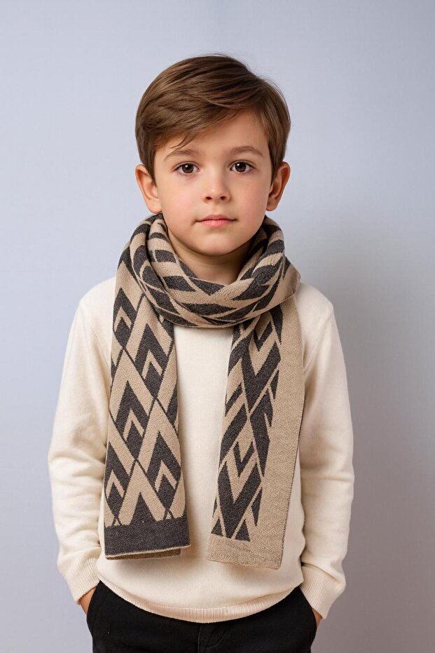 V Patterned Double-Sided Knitwear Children's Scarf (Age 5-10, 30X140Cm)