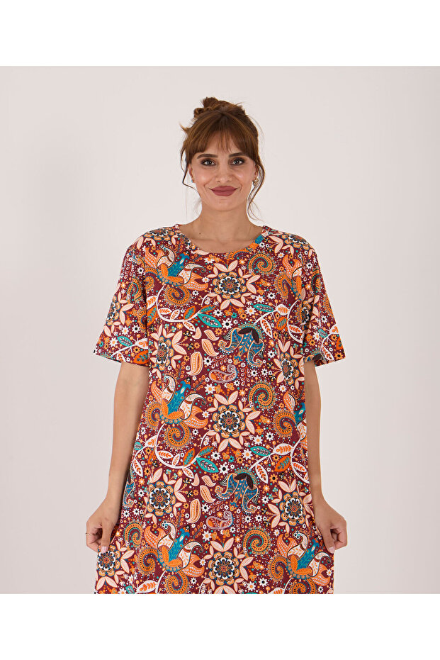 100% Cotton Oversized Printed Cycling Collar Short Sleeve Homewear Dress