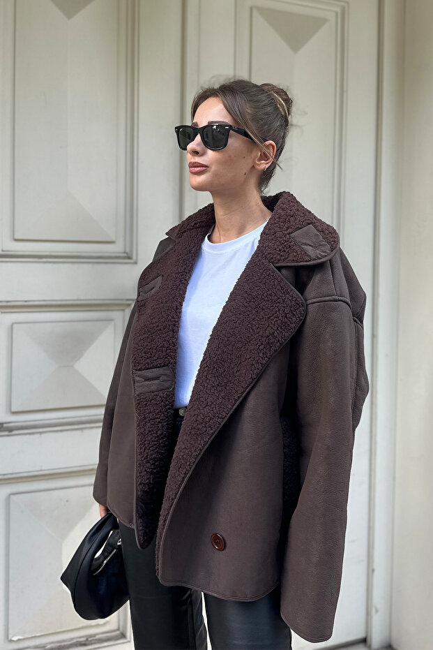 Else Acı Kahve Dokulu Süet Içi Peluşlu Oversize Zr Model Mont - 1