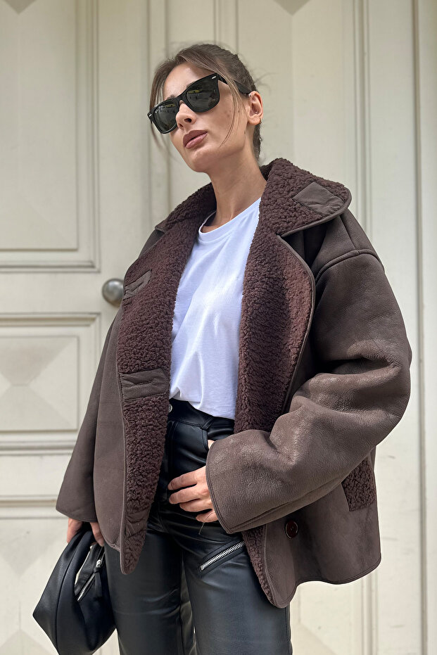 Else Acı Kahve Dokulu Süet Içi Peluşlu Oversize Zr Model Mont - 6