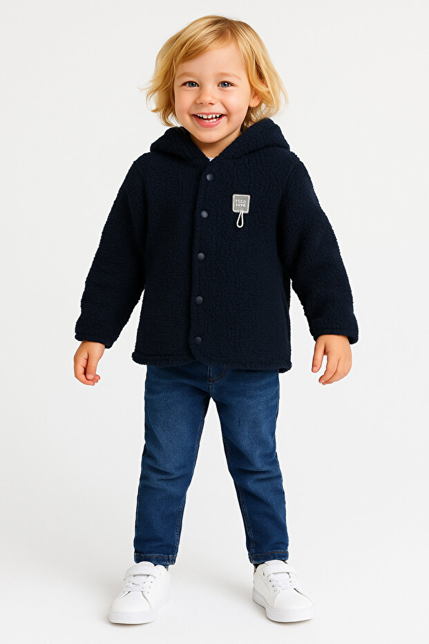 Motebarn Boys' Hooded Plush Fur Cardigan Navy Blue 2–6 Years