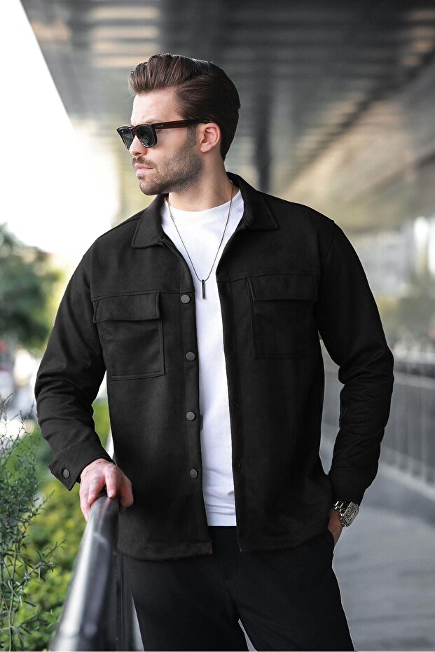 Black Pocket Detailed Shirt Jacket 6748