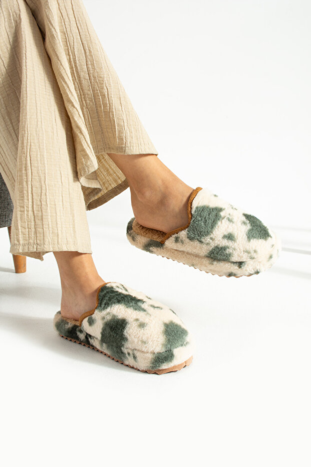 Haki Alacalı Yünlü Kışlık Terlik - 6