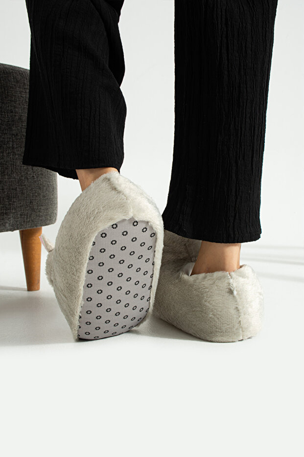 Bej Hayvanlı Sessiz Taban Panduf Sevimli Kedi Figürlü Peluş Ev Ayakkabısı - 7