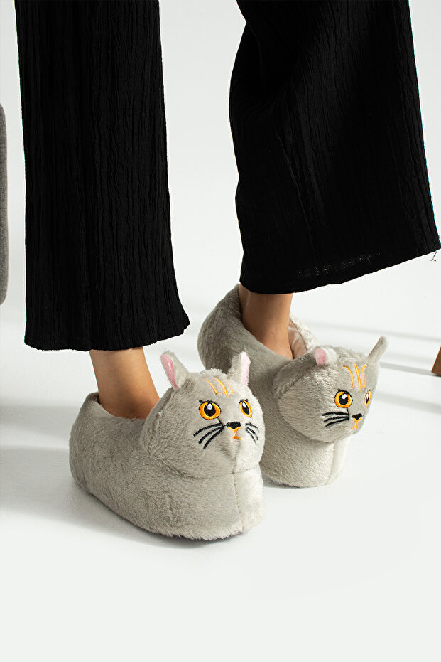 Bej Hayvanlı Sessiz Taban Panduf Sevimli Kedi Figürlü Peluş Ev Ayakkabısı - 6