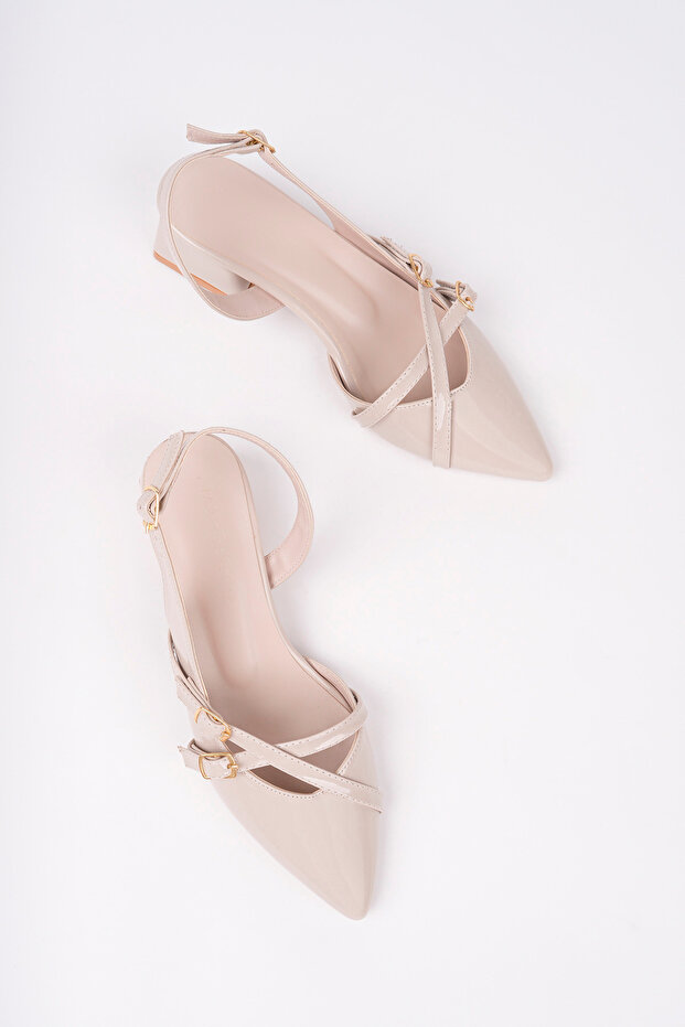 Leiria Model Buckle Detailed Beige Patent Leather Open Back Pointed Toe Square Heeled Ballerina Women's Shoes
