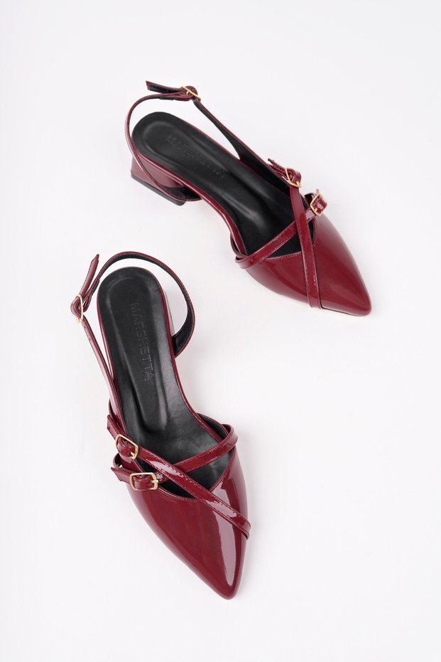 Leiria Model Buckle Detailed Burgundy Patent Leather Open Back Pointed Toe Square Heeled Ballerina Women's Shoes