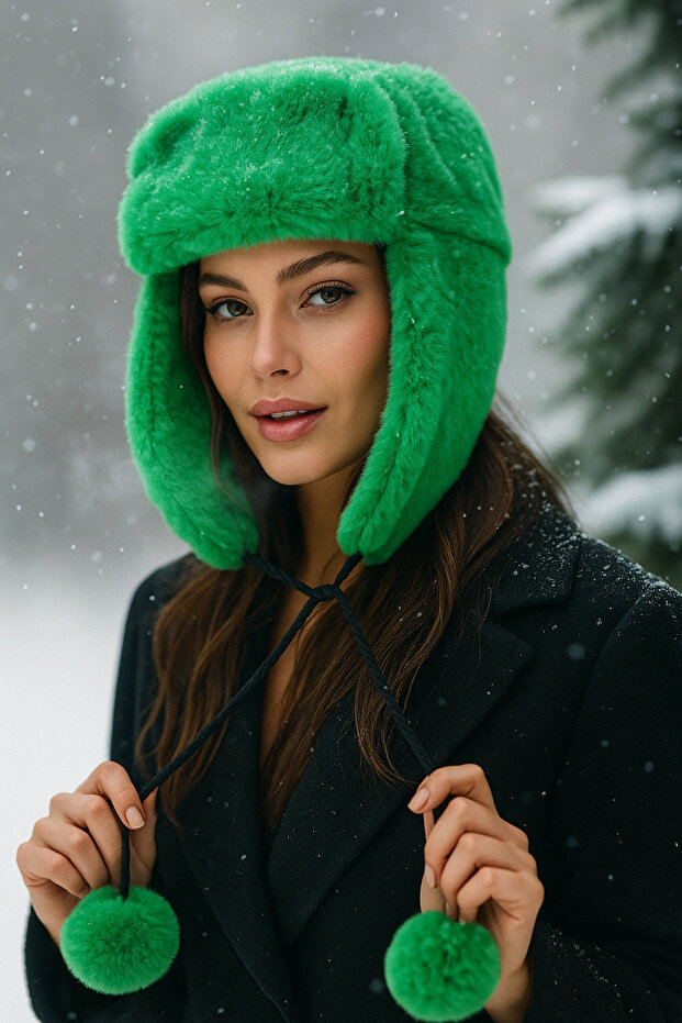 Women's Green Pompom Furry Earflap Plush Hat Beanie Cap1103