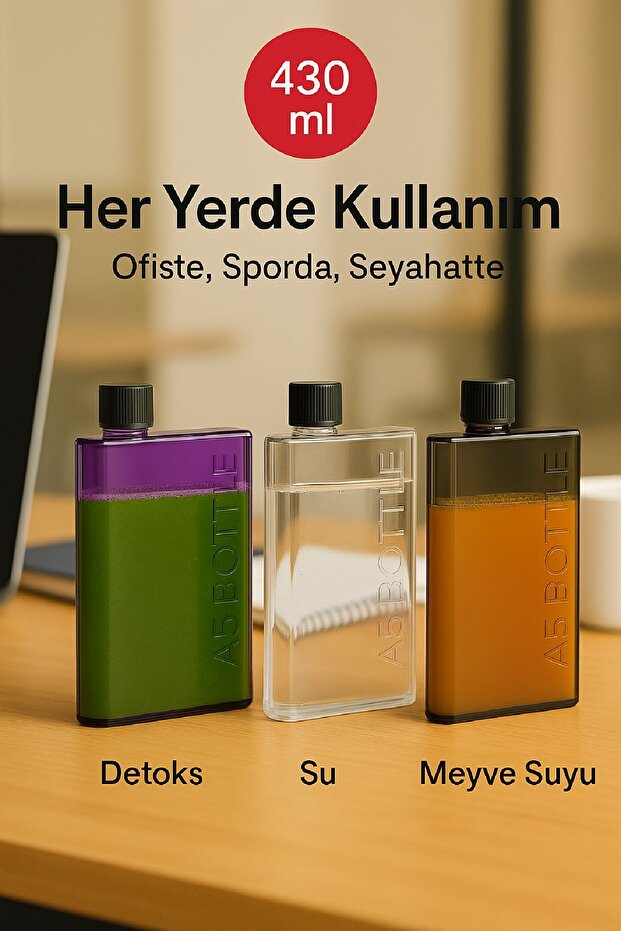 Flexibottle A5 – Soğuk Kahve, Su, Meyve Suyu, Smoothie Taşıma Defter Matara- Şeffaf-Mor-Antrasit - 1