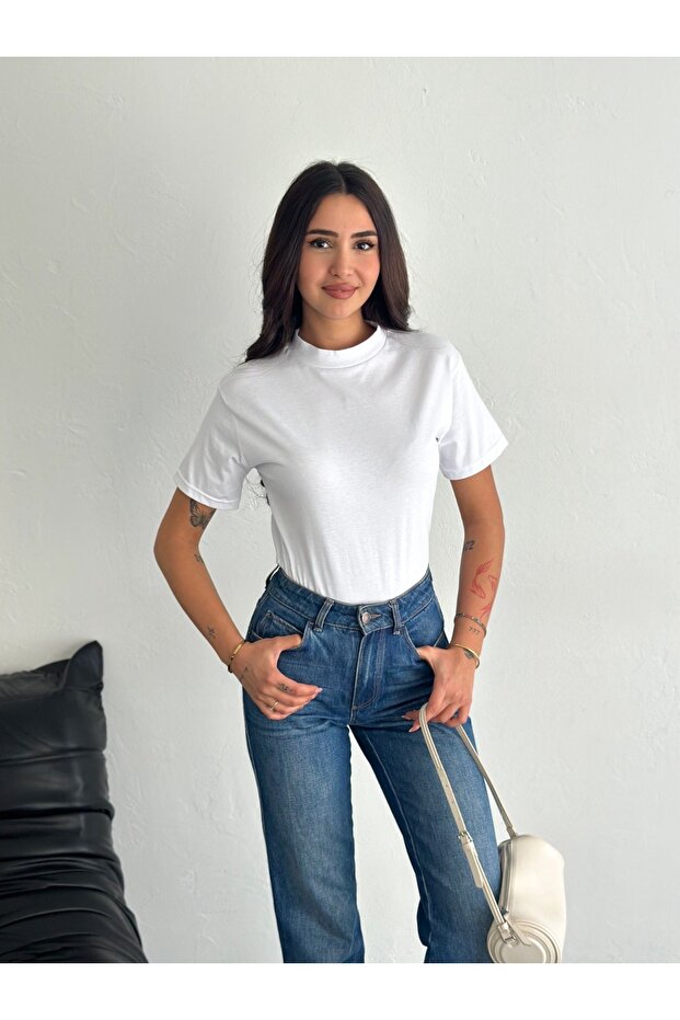 White Stand Collar 2-Pack Basic Knitted T-Shirt - 2