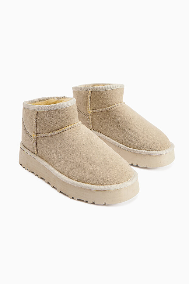 Lilly-Mother Beige Suede Short Women's Boots with Fur Inside, Women's Bootie