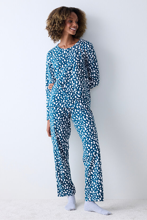 Cotton Blue Leopard Petrol Green Trousers Pajama Set