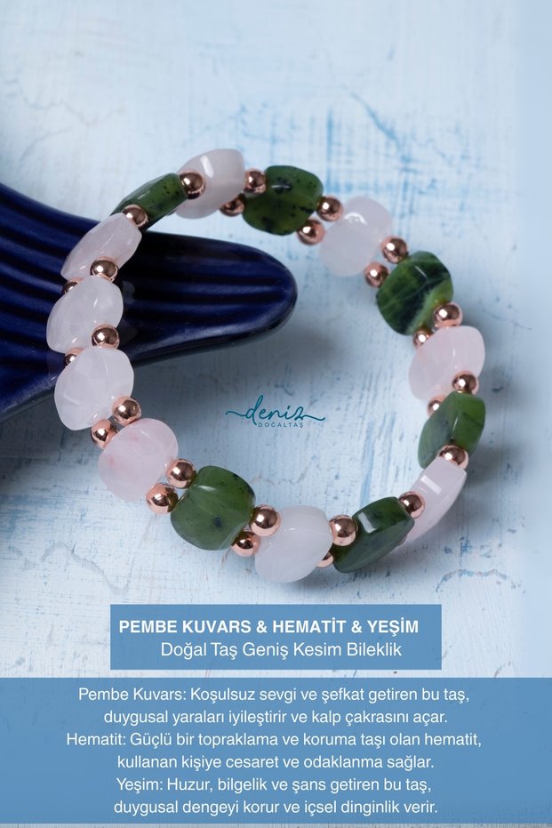 Certified Pink Quartz Hematite Jade Natural Stone Bracelet