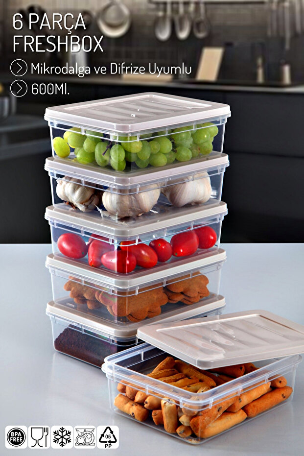 Freshbox Set of 6 - Storage Container Suitable for Microwave and Diffuser, 3 Cream - 1