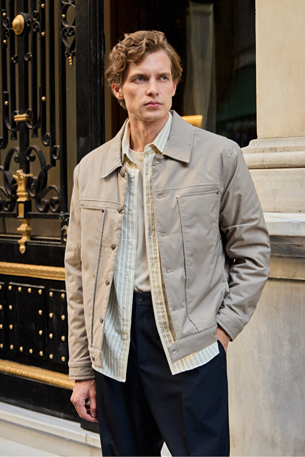 Erkek Modelli Kapitoneli Mont Ceket Bej - 1