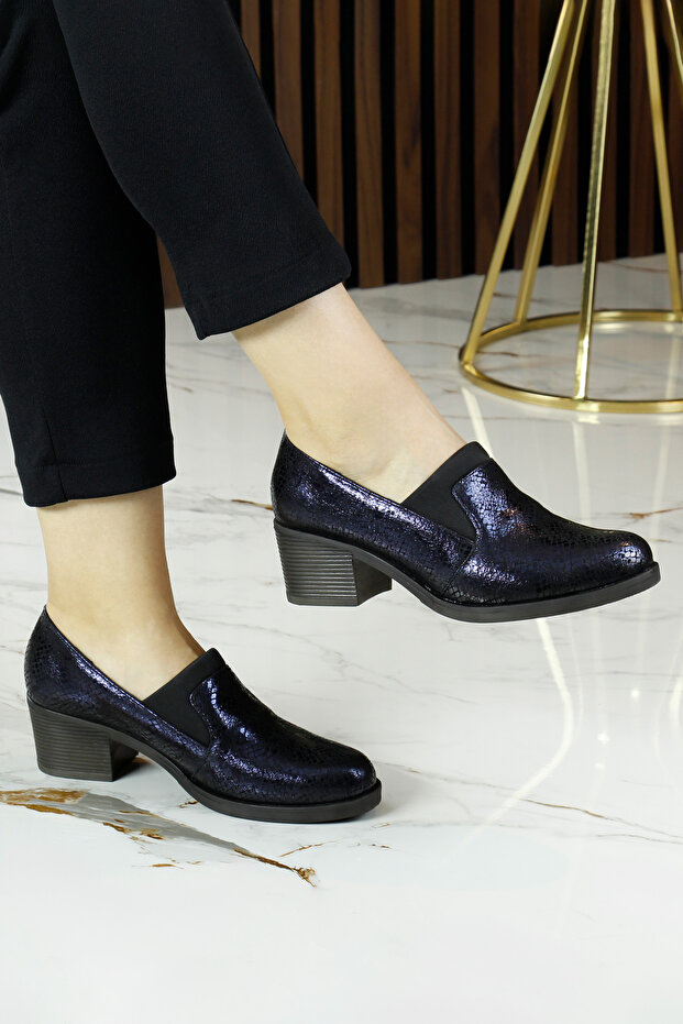 Alizee Navy Blue Snake Genuine Cowhide Daily Heeled Shoes
