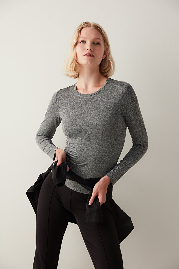 Dark Grey Melange Fitted Long Sleeve Üst - 1