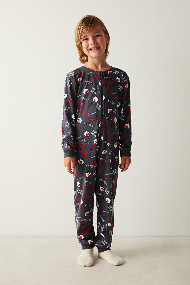 Boy's Anime Patterned Anthracite Overalls