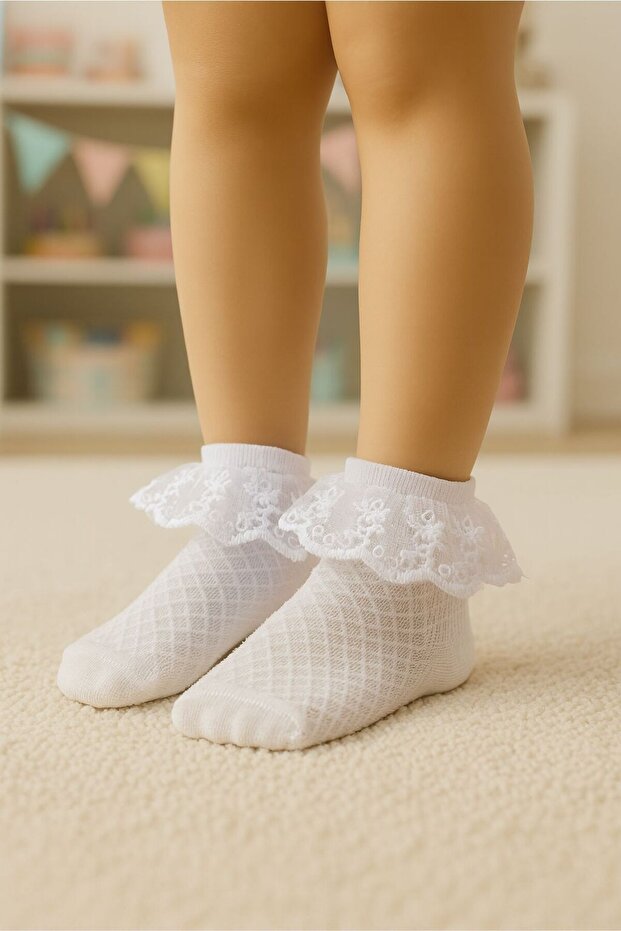 Girl's Zigzag Patterned 3-Piece Lace Socks Set (1-4 Years)