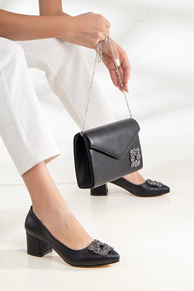 Women's 5 cm Thick Heeled Matte Black Stone Detailed Bag Combination Stiletto Set