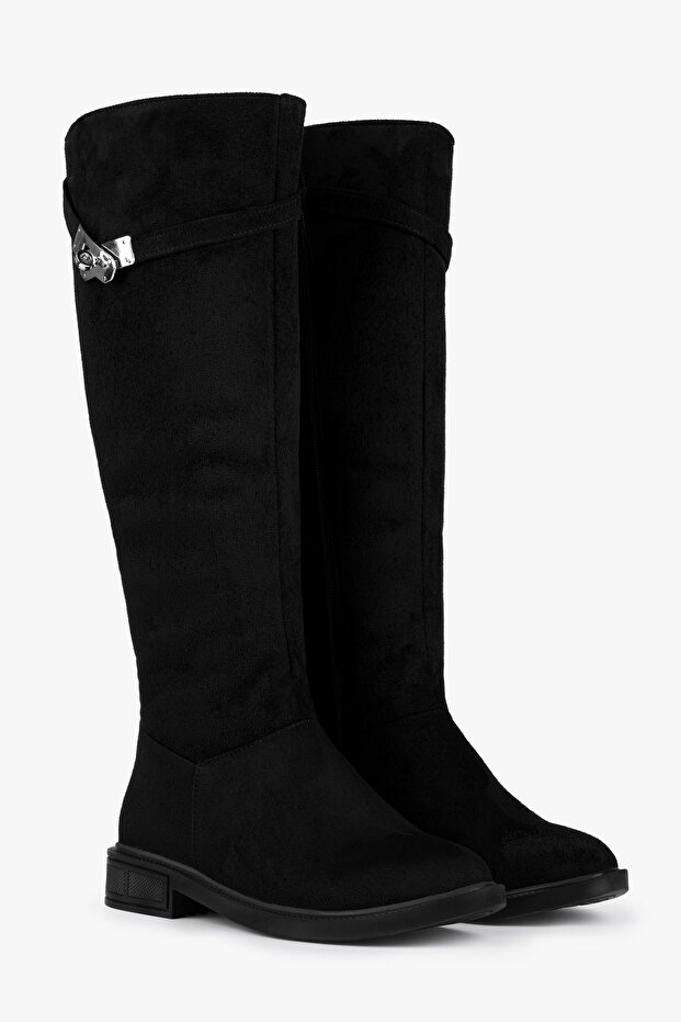 Női Titan fekete velúr csatos lapos sarkú csizma fekete velúr - 1