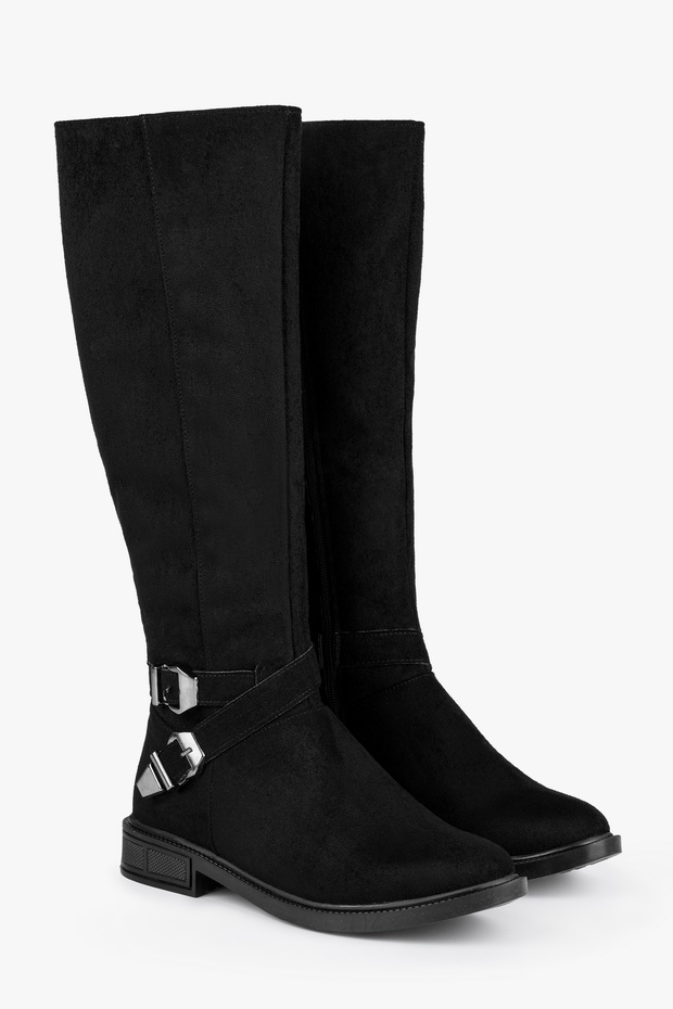 Női acél fekete velúr csatos lapos sarkú csizma fekete velúr - 2