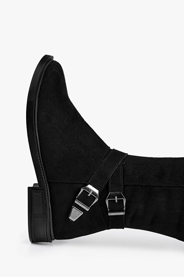 Női acél fekete velúr csatos lapos sarkú csizma fekete velúr - 3