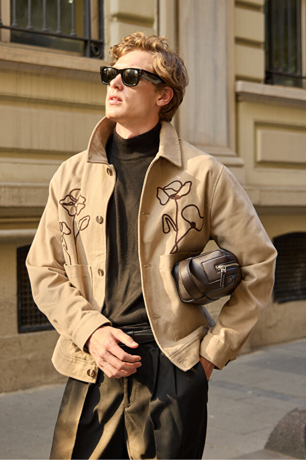 Erkek Çiçek Desenli Ceket Bej - 3