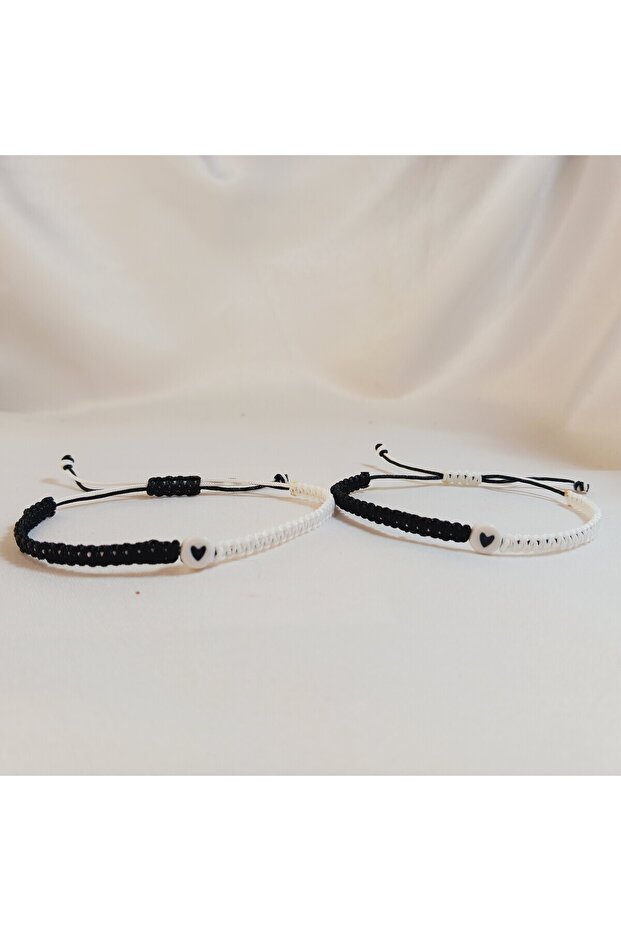 Black and White Heart Handmade Macrame Bracelet – Adjustable Gift Bracelet for a Friend or Lover