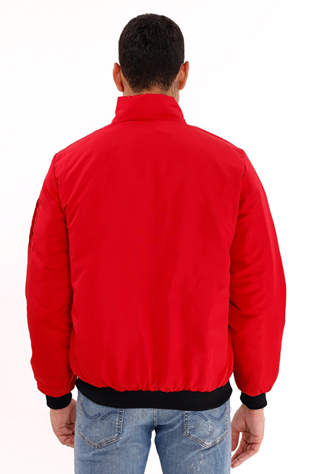 Kurtka męska w kolorze czerwonym z podszewką i stójką, sezonowa, wiatroszczelna i wodoodporna z kieszeniami - 7