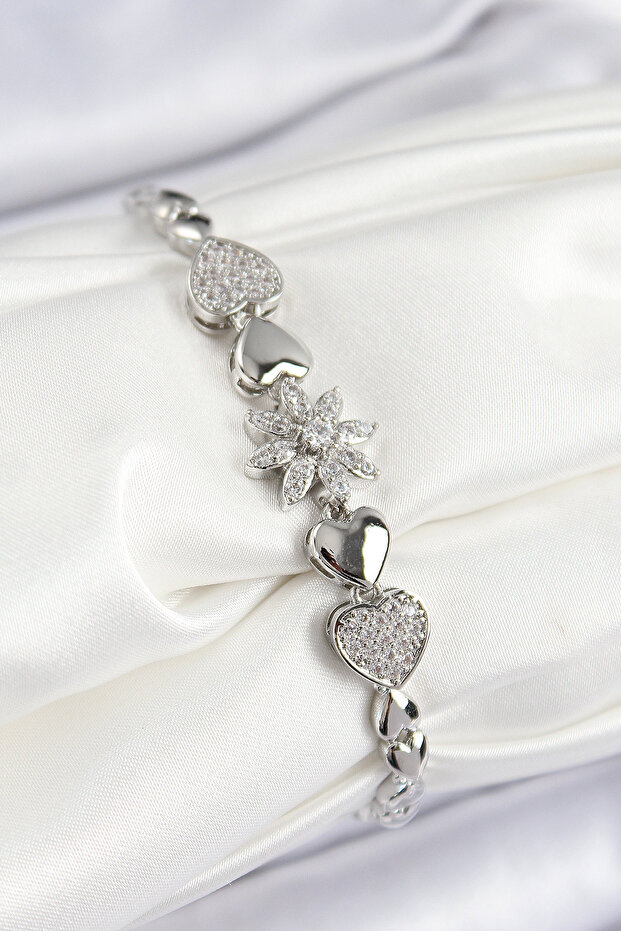 Brass Zircon Stone Heart Detailed Flower Model Silver Color Women's Bracelet -