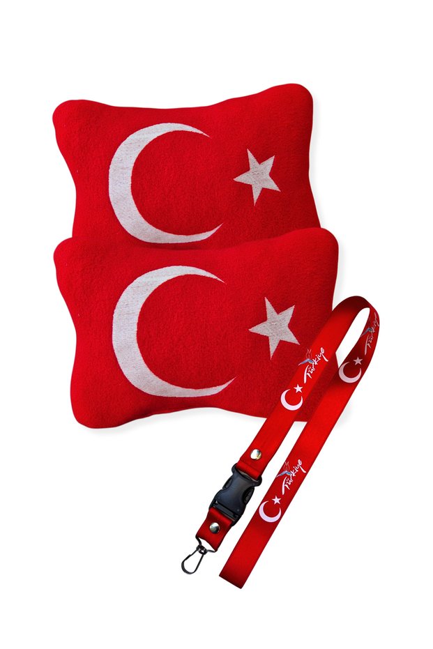 Red Fleece Car Travel Neck Pillow Set of 2 with Turkish Flag & Car Mirror Hanger