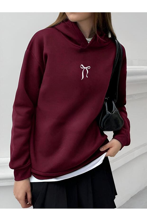 Burgundy Bow Printed Hooded Kangaroo Pocket Sweatshirt Hodie