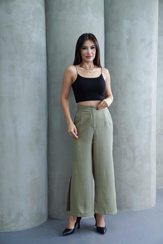 Women's khaki linen slit high waist palazzo pants