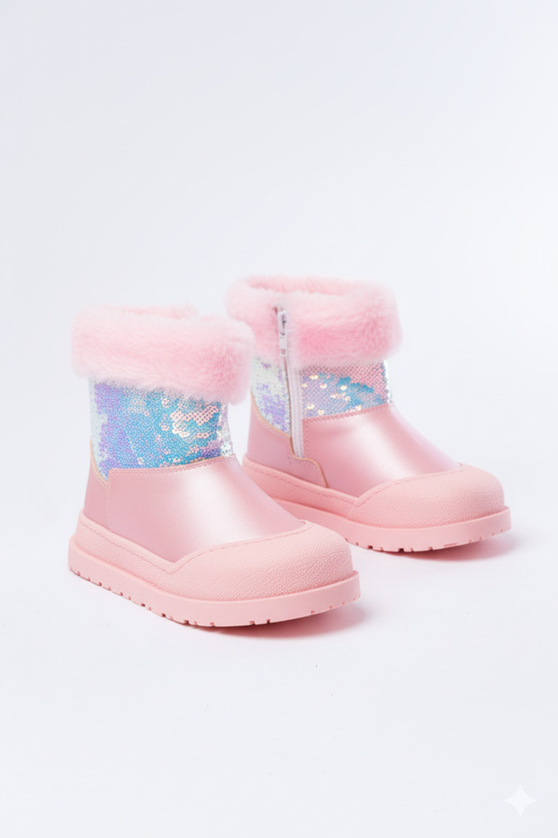 Kız Çocuk Pembe Pullu Fermuarlı Tüylü Su Geçirmez Kaydırmaz Taban Bot Bot - 1