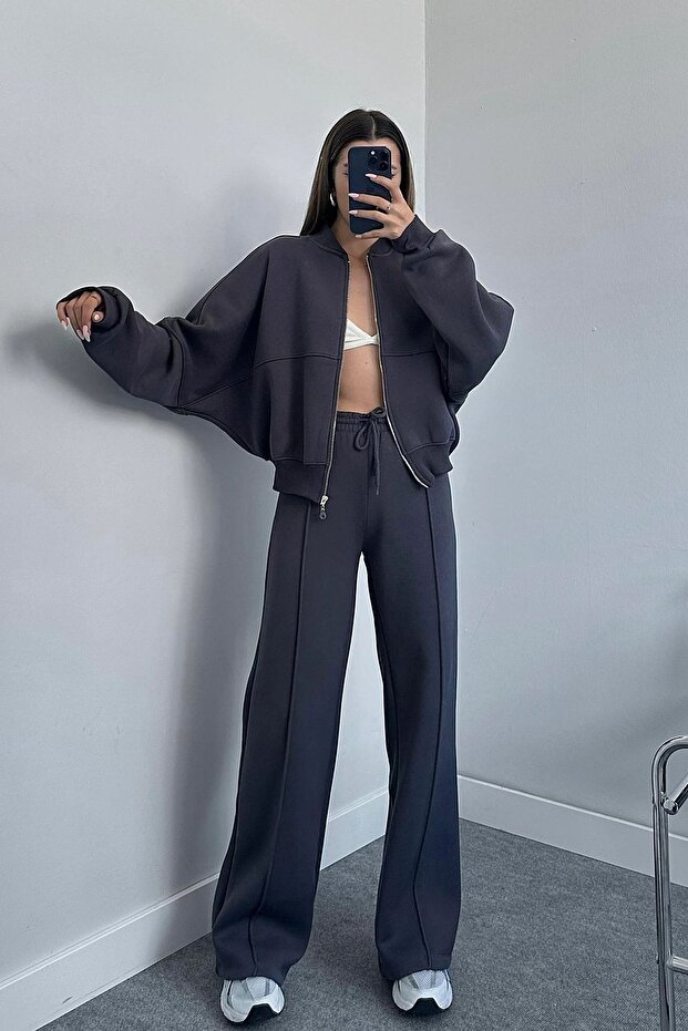 Women's 3-Thread Cotton-Lined Winter Tracksuit Set Gts018 - Anthracite