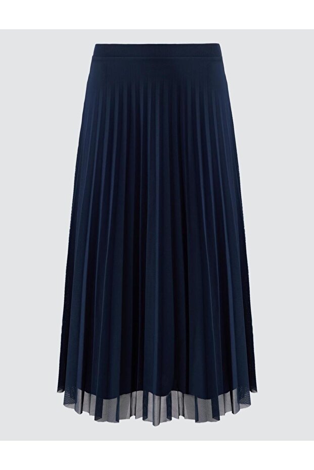 Lacivert Yüksek Bel Piliseli Rahat Kesim Midi Etek - 7