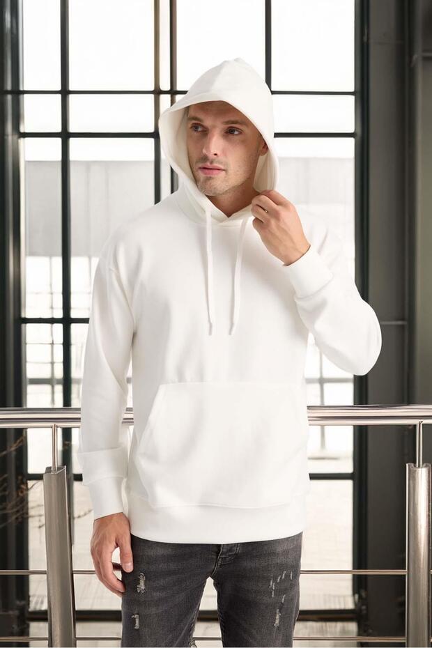 Luc Oversize Basic Dalgıç Kumaş Viskon Kapüşonlu Cepli Sweatshirt Hoodie - Ekru - 7
