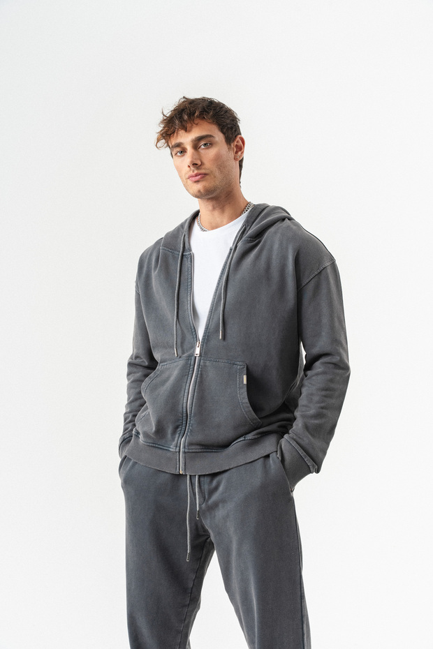 Yıkamalı Fermuarlı Kapüşonlu Oversize Pamuk Takım - 4