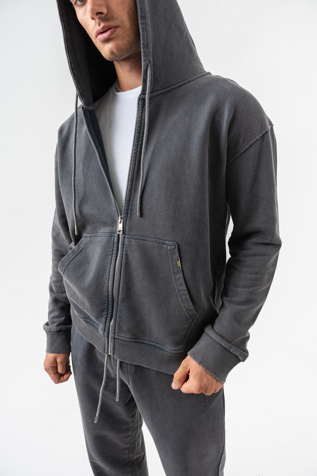 Yıkamalı Fermuarlı Kapüşonlu Oversize Pamuk Takım - 5